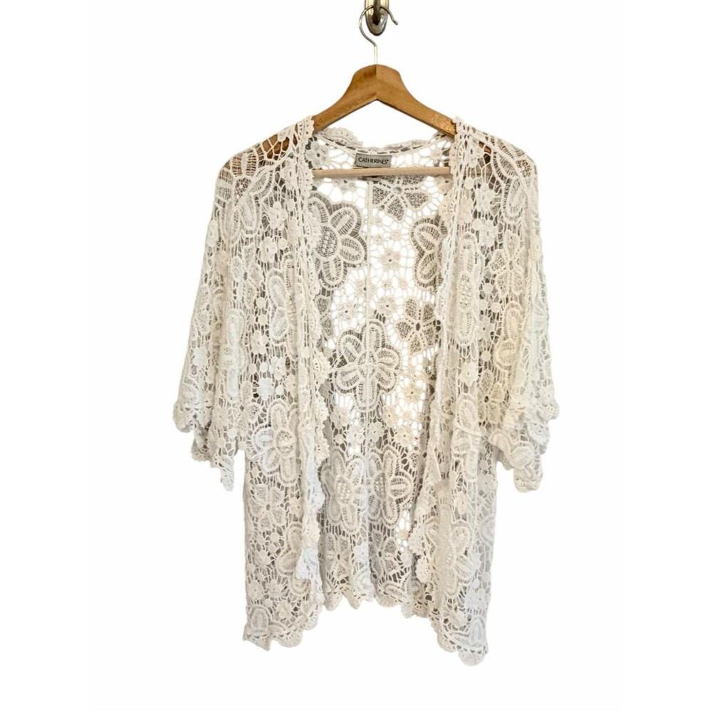 Catherines Womens Boho Crochet Floral Lace Cardigan Size 0X Cottage Beach Shabby